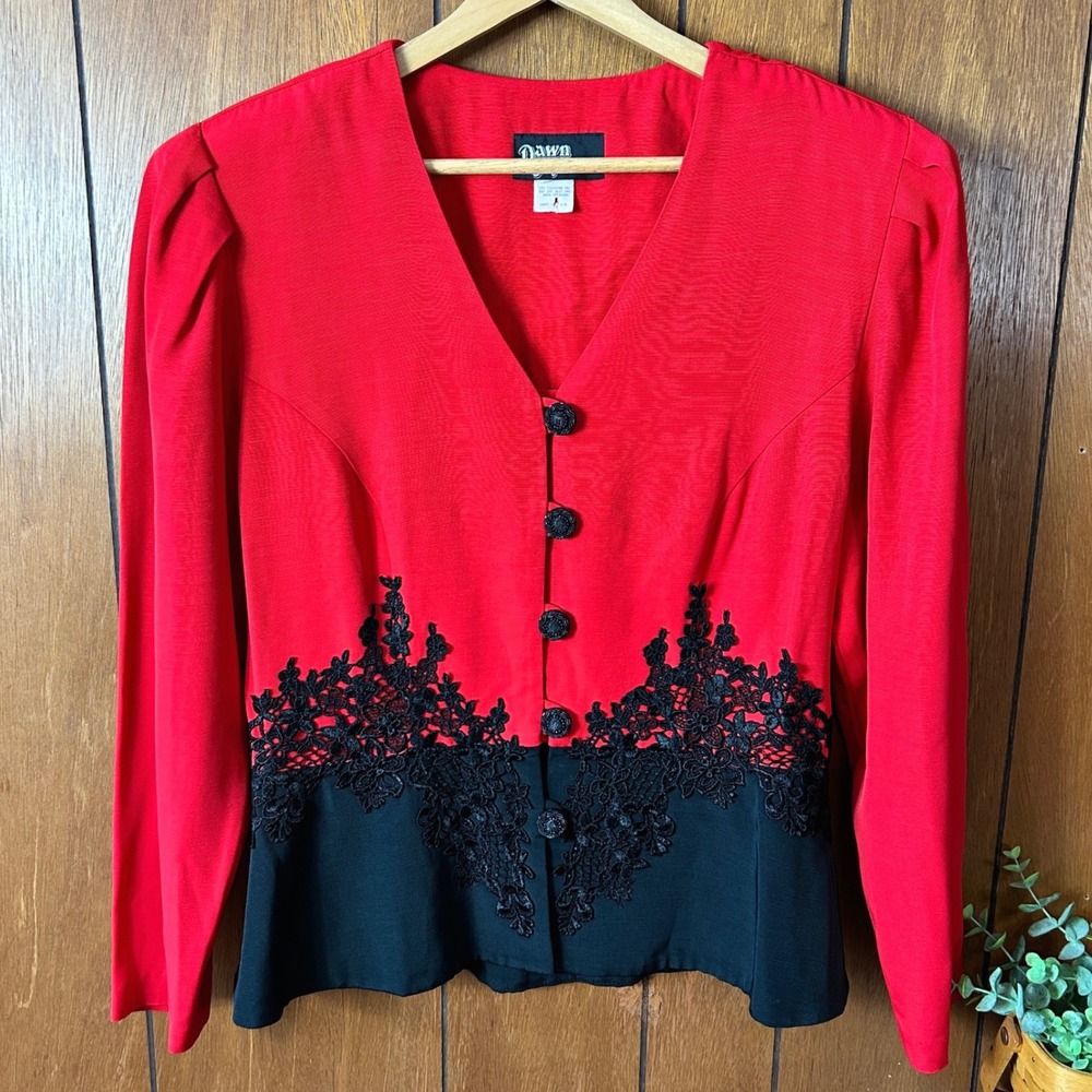 Vintage Dawn Joy Fashions Red Black Lace Trim Peplum Blazer Jacket Size‎ 14 Goth